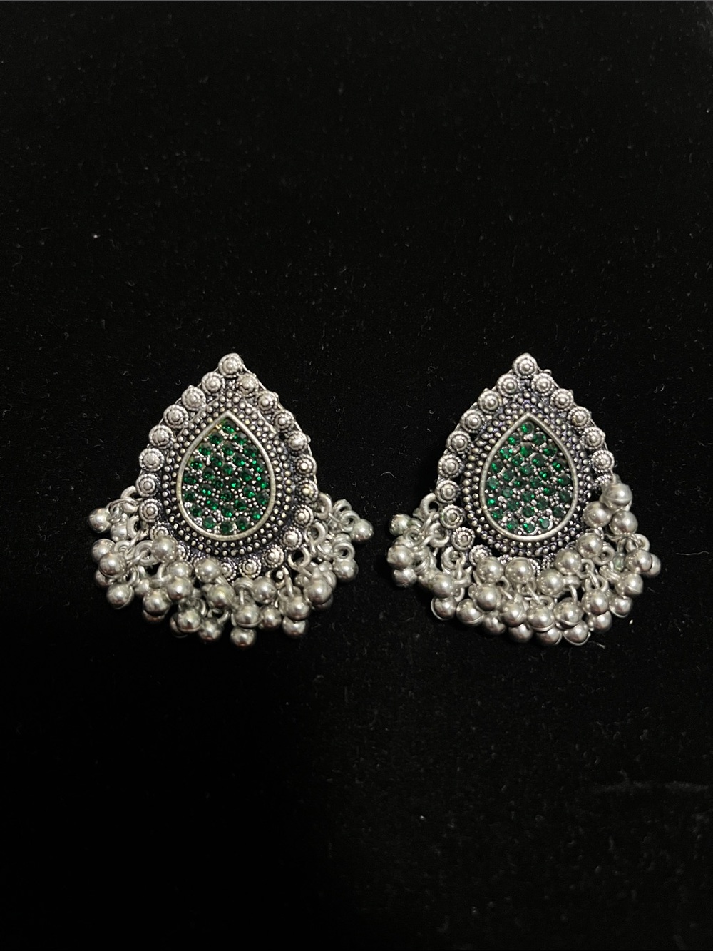 Silver-Tone Teardrop Earrings with Green Crystal Accents